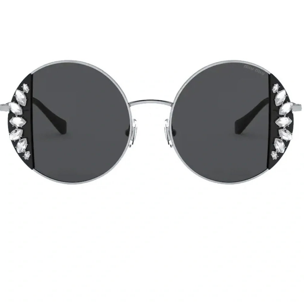 NEW MIU MIU Sunglasses MU 57VS Swarovski Crystal Round Silver Black Case & Box